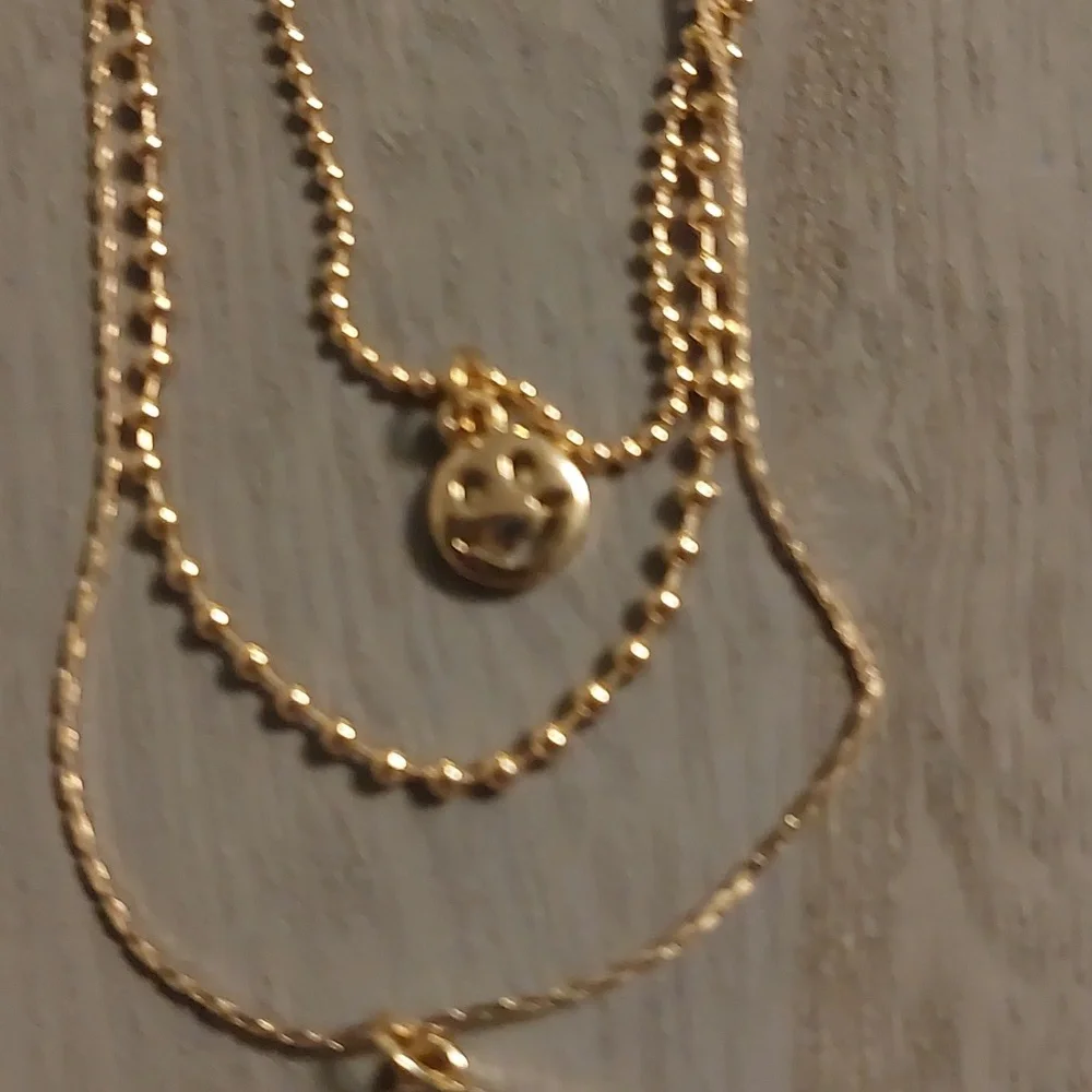 Gold Toned Three Strand Rainbow Smiley Face Ball Chain Necklace